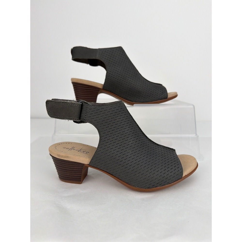 NEW Clarks Valarie James 7.5 Grey Nubuck Perforated Peep Toe Block Heel Sandals